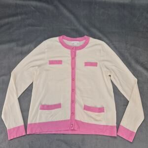 Charter Club Barbie Core Clueless Cream & Pink Contrast Trim Cardigan Sweater L